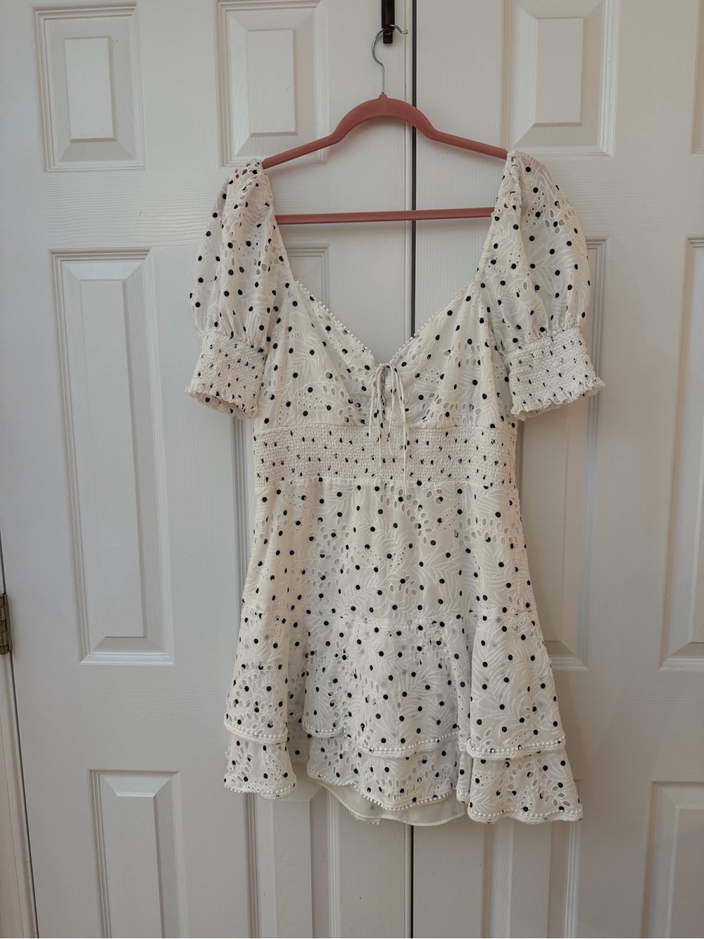 Alice + Olivia Cream Eyelet Polka Dot Puff-Sleeve Mini Dress